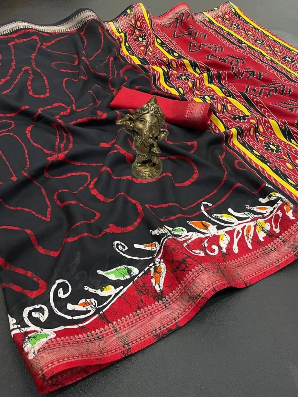 Jet Black Tussar GALA GEORGETTE Silk Saree